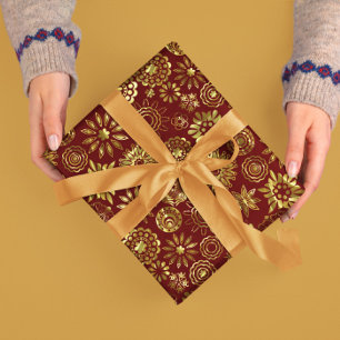 Rood en Goud Abstract Kerstmis Sneeuwvlokken 2 Cadeaupapier