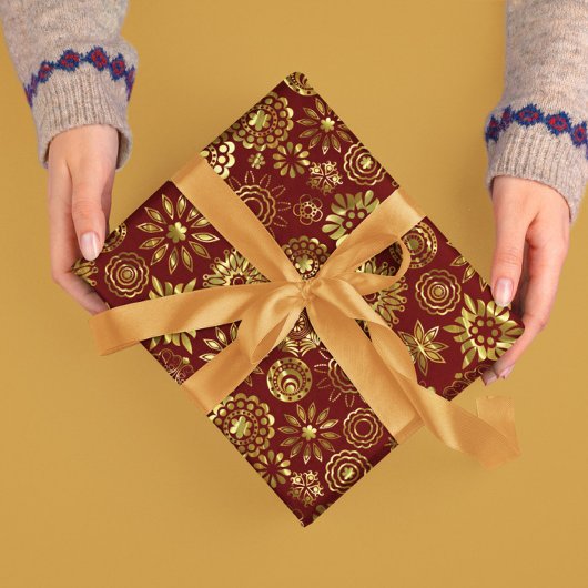 Rood en Goud Abstract Kerstmis Sneeuwvlokken 2 Cadeaupapier