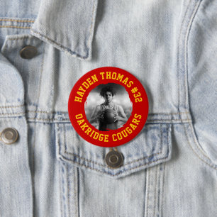 Rood en Goud Atleet Naam Jersey Nummer Foto Ronde Button 7,6 Cm