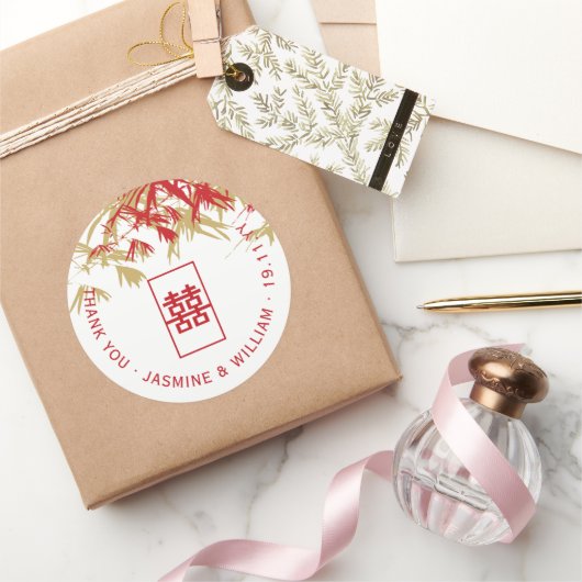 Rood en goud bamboe vertrekt Moderne Zen Asian Wed Ronde Sticker (Geschenken)