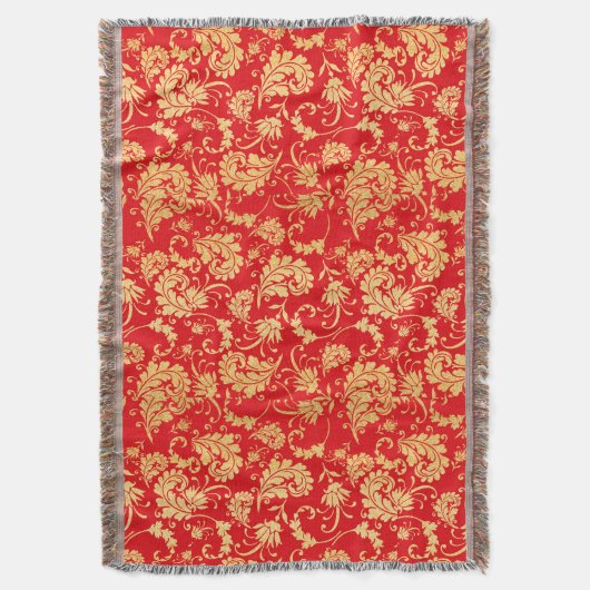 Rood en Goud  Bladdamastpatroon Deken (Voorkant Verticaal)