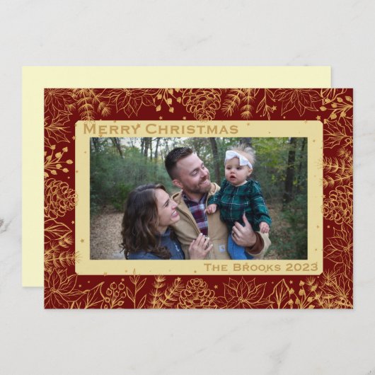 Rood en Goud Bladgroen Kerstmis Kaart (Voorkant / Achterkant)