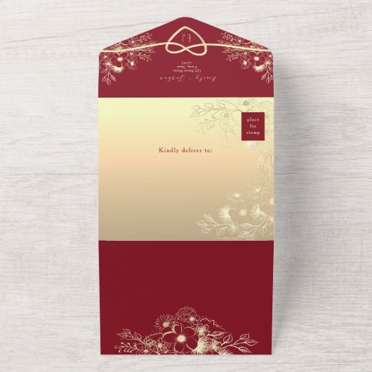 Rood en Goud Bloemen Monogram Huwelijk All In One Uitnodiging (Buitenkant)