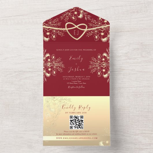 Rood en Goud Bloemen Monogram Huwelijk All In One Uitnodiging (Binnen)