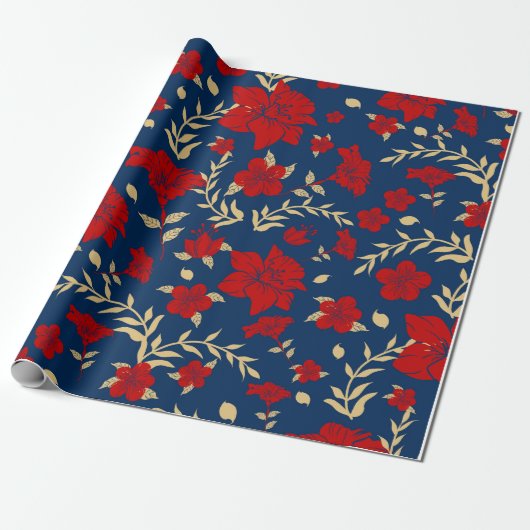 Rood en Goud Bloemen Wrapping Papier (Uitgerold)