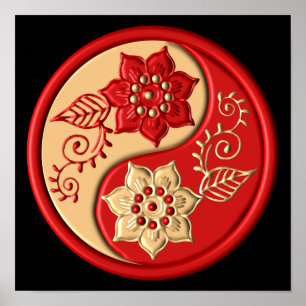 Rood en Goud Bloemig Yin Yang Poster