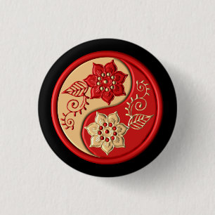 Rood en Goud Bloemmotief Yin Yang Ronde Button 3,2 Cm