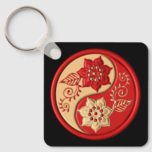 Rood en Goud Bloemmotief Yin Yang Sleutelhanger