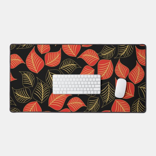 Rood en goud breed blad patroon op zwart bureaumat (Keyboard & Muis)