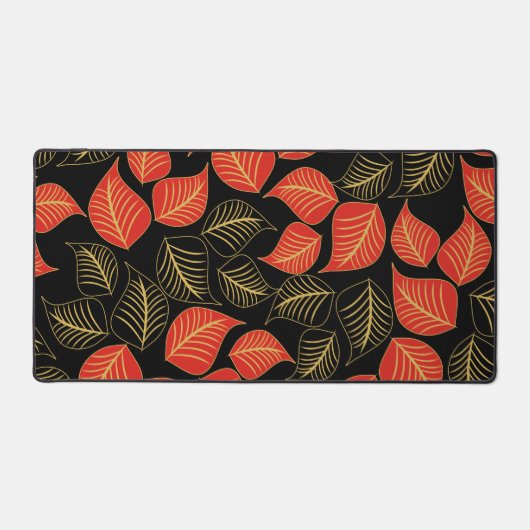 Rood en goud breed blad patroon op zwart bureaumat (Voorkant)