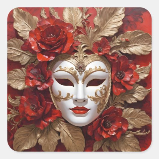 Rood en goud carnaval masker vierkante sticker (Voorkant)