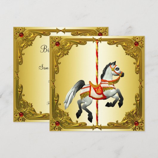 Rood en Goud Carrousel Paard Verjaardagsfeest Kaart (Voorkant / Achterkant)