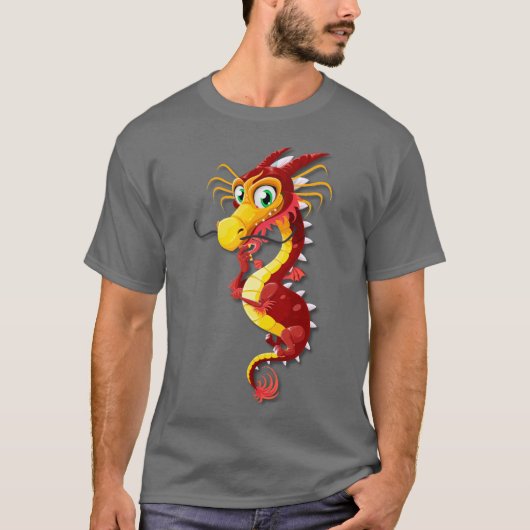 Rood en Goud Chinese Cartoon Dragon T-shirt (Voorkant)
