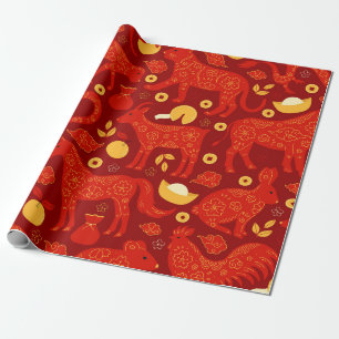 Rood en Goud Chinese Dierenriemtekens Cadeaupapier