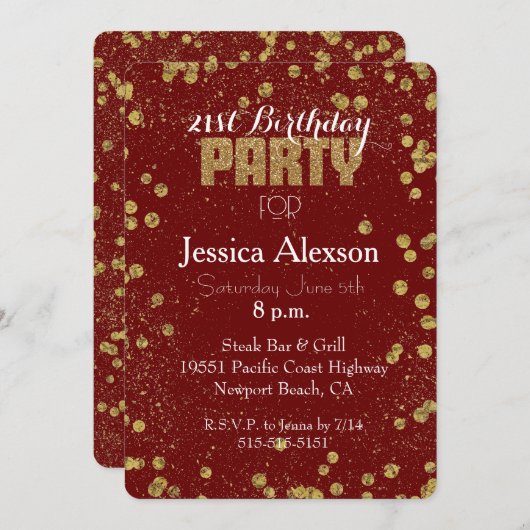 Rood en Goud Confetti Glitter 21e Verjaardag Kaart (Voorkant / Achterkant)