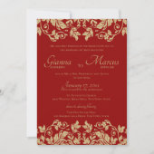 Rood en Goud Damask Emblem Wedding Kaart (Voorkant)