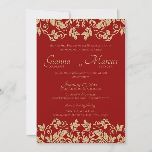 Rood en Goud Damask Emblem Wedding Kaart (Voorkant)