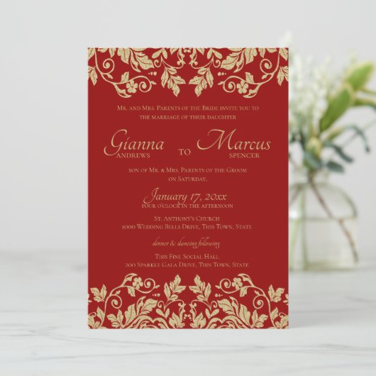 Rood en Goud Damask Emblem Wedding Kaart (Staand voorkant)