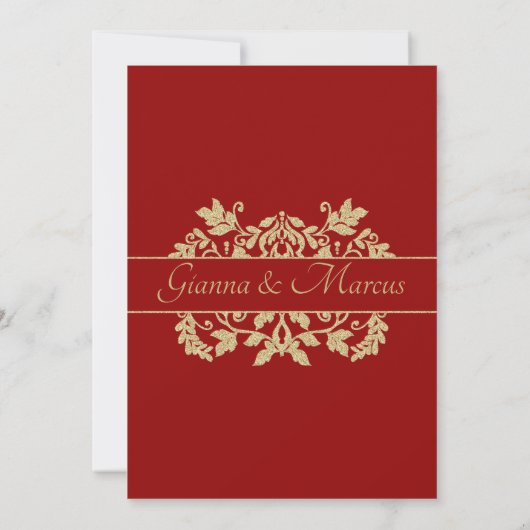 Rood en Goud Damask Emblem Wedding Kaart (Achterkant)