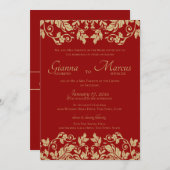 Rood en Goud Damask Emblem Wedding Kaart (Voorkant / Achterkant)