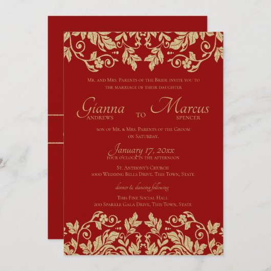 Rood en Goud Damask Emblem Wedding Kaart (Voorkant / Achterkant)