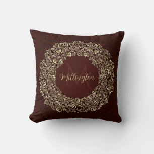 Rood en goud Damask Monogram Decoratief Kussen