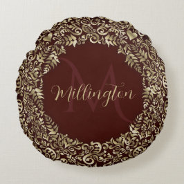 Rood en goud Damask Monogram Decoratief Rond Kussen