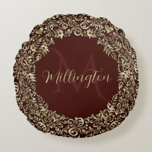 Rood en goud Damask Monogram Decoratief Rond Kussen