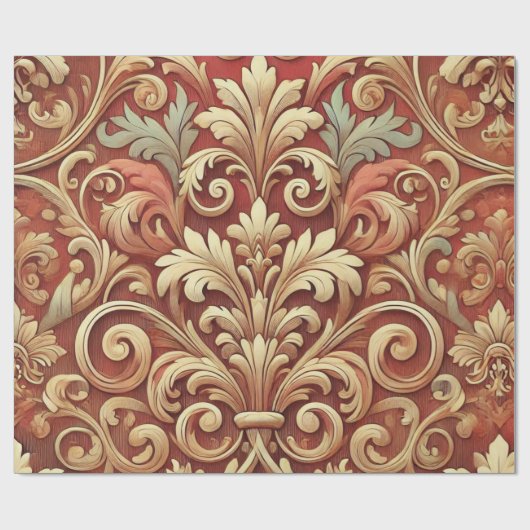  rood en goud Damask Pattern Cadeaupapier (Vlak)
