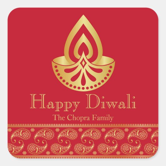 Rood en Goud Diwali Party Favor Vierkante Sticker (Voorkant)
