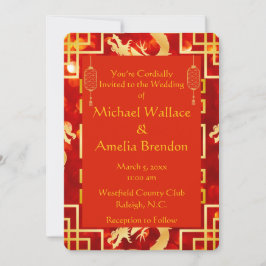 Rood en Goud Dragon Wedding Round Invitation Kaart