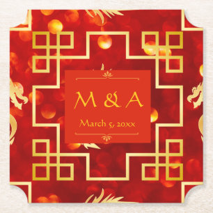Rood en Goud Dragon Wedding Ticket Paper Onderzett Kartonnen Onderzetters