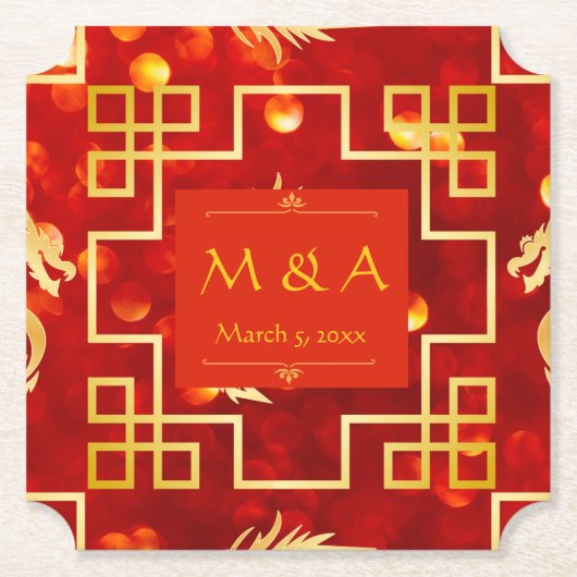Rood en Goud Dragon Wedding Ticket Paper Onderzett Kartonnen Onderzetters (Voorkant)