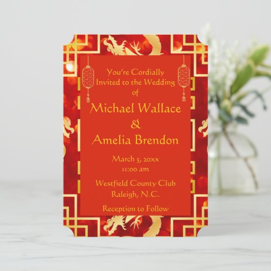Rood en Goud Dragon Wedding Ticket Uitnodiging (Staand voorkant)