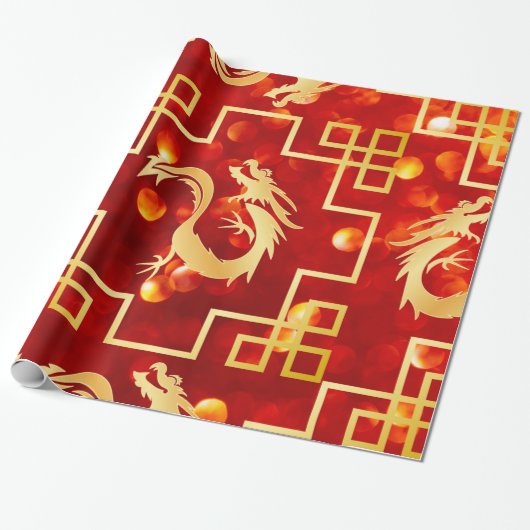 Rood en Goud Dragon Wrapping Paper Cadeaupapier (Uitgerold)