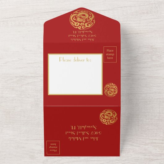 Rood en goud, drakenkam, Chinees nieuwjaar, All In One Uitnodiging (Buitenkant)
