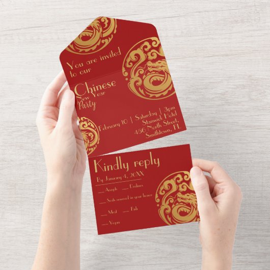 Rood en goud, drakenkam, Chinees nieuwjaar, All In One Uitnodiging (Afscheurbaar)
