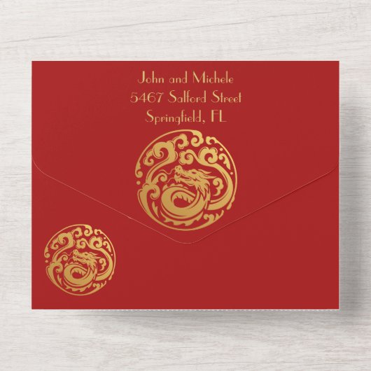 Rood en goud, drakenkam, Chinees nieuwjaar, All In One Uitnodiging (Achterkant)