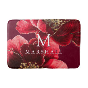 Rood en goud Elegant Bloemmonogram Familienaam Badmat
