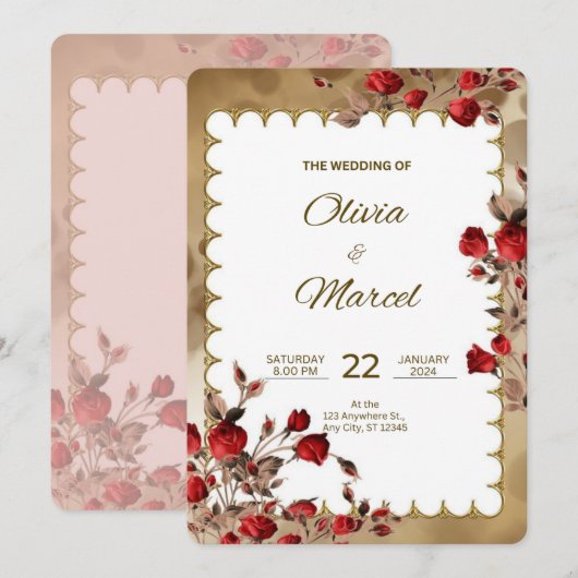 Rood en Goud Elegant Bruiloft  Kaart (Voorkant / Achterkant)