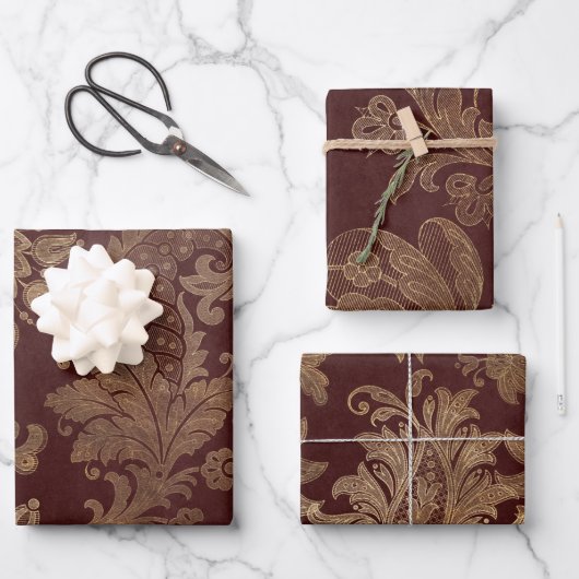  Rood en Goud Faux Floral Velvet Kerstmis Inpakpapier Vel (Voorkant)
