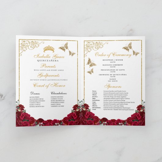 Rood en goud Floral Quinceanera Tiara Butterflies Programma (Binnen)