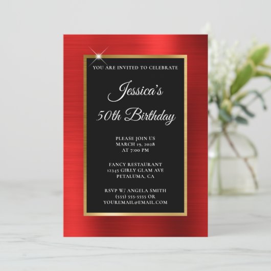 Rood en Goud Folie Zwart 50e Verjaardag Kaart (Staand voorkant)