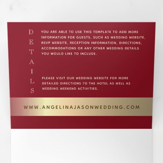 Rood en goud foto bruiloft drievoudig uitnodigen drieluik uitnodiging (Binnenzijde eerst)