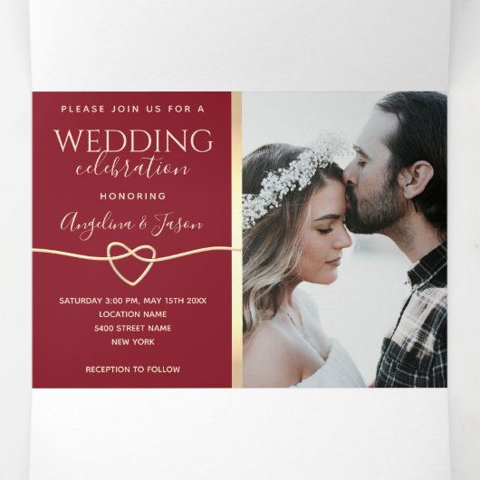 Rood en goud foto bruiloft drievoudig uitnodigen drieluik uitnodiging (Binnenkant midden)