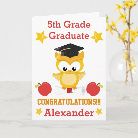 Rood en Goud gefeliciteerd 5e klas afstuderen Kaart (Gele Bloem)