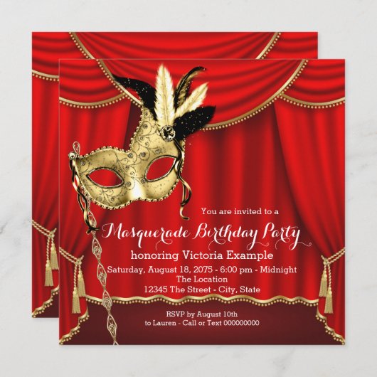 Rood en goud gemaskerde verjaardagsfeestje kaart (Voorkant / Achterkant)