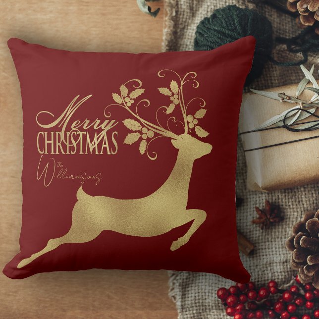 Rood en goud geruite vrolijke kerstbank kussen (Cristmas pillows, retro Christmas personalized throw pillows holiday decor for living room)
