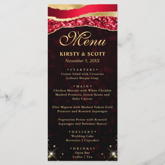 Rood en Goud Glam Tranen Bokeh Bruiloft Menu (Voorkant)