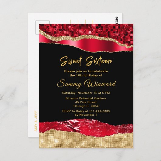 Rood en goud glamor tranen Sweet Sixteen Briefkaart (Voorkant / Achterkant)